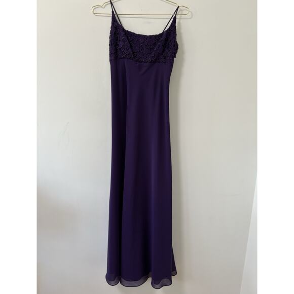 Y2K Bari Jay Prom Dress Maxi Purple Babydoll Embire Brocade Lace Tie Back 90's - Picture 1 of 11